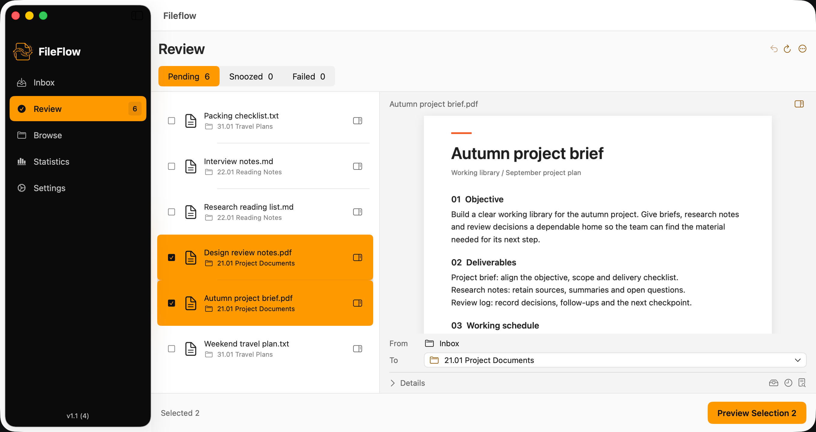 FileFlow review workspace with example files; the interface is in English.